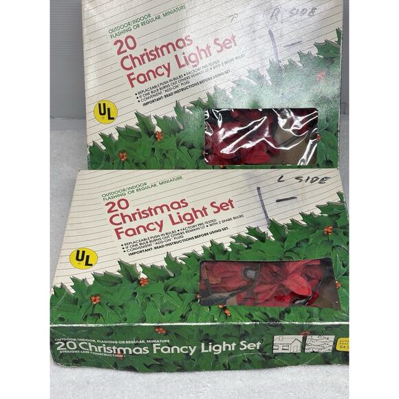 Vtg Christmas Poinsettia Fancy Light 2 Sets String EVERGLOW 40 Lights Total - Picture 6 of 12